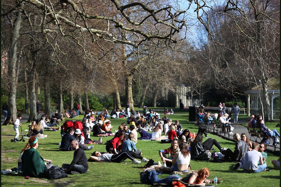 Crowds enjoying the fine weather in St Stephens Green. Picture: Steve Humphreys