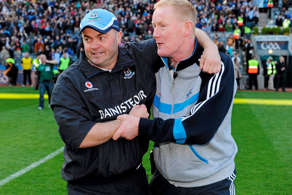 Anthony Daly and Richie Stakelum celebrate after Dublin’s victory over Kilkenny in the 2011 Allianz Hurling League final at Croke Park