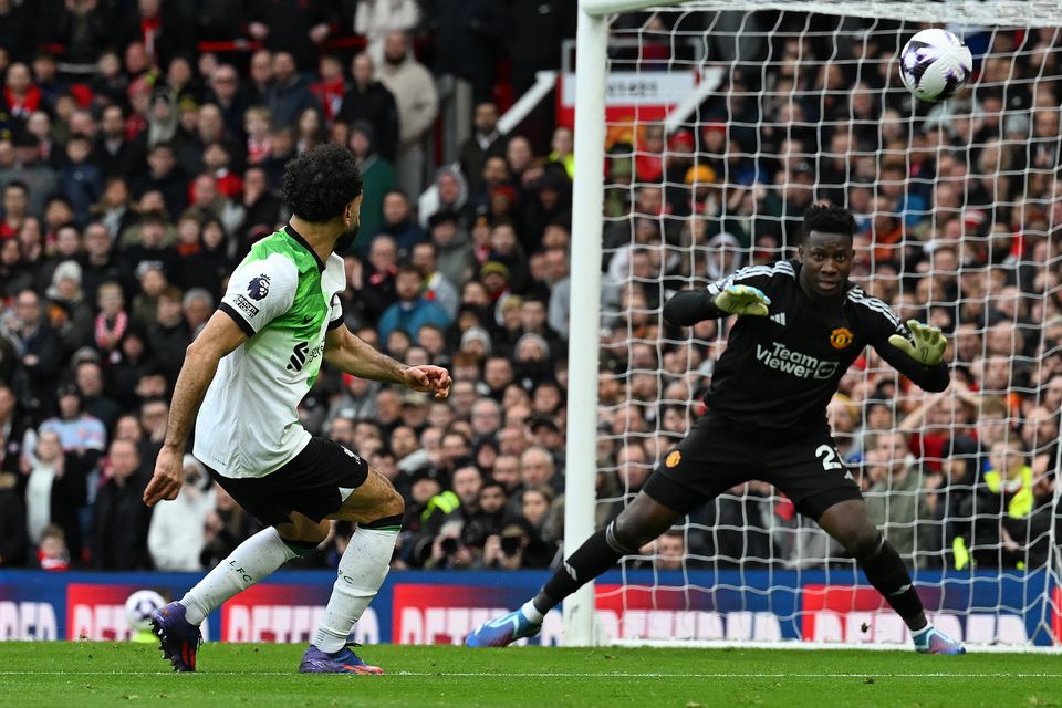 Mo Salah fires over the Manchester United bar from close range yesterday. Photo: Getty