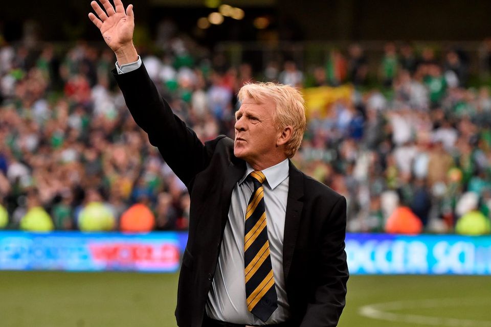 Scotland manager Gordon Strachan waves to his supporters after the game