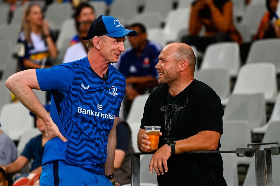 Leinster head coach Leo Cullen speaks with former Leinster player Richardt Strauss before the URC game against the Stormers in Cape Town. Photo: Sportsfile