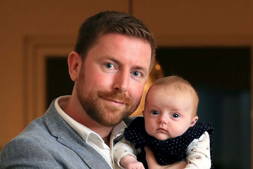 Left holding the baby: Jim Gallagher with his eight-week-old daughter, Juliette, at their home in Celbridge, Co Kildare. Picture by Frank McGrath