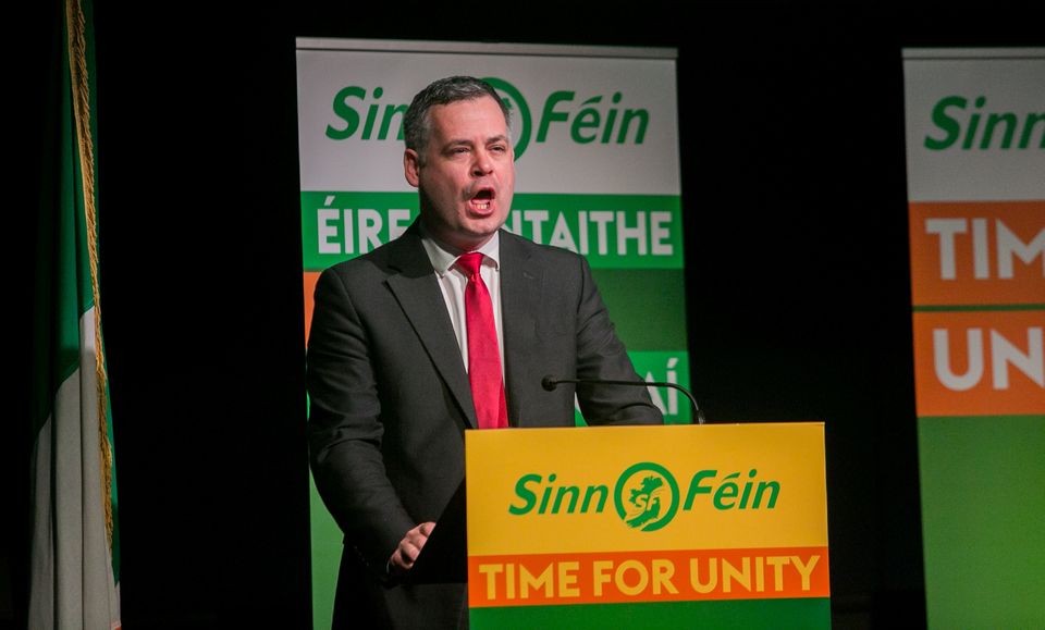 Pearse Doherty at Sinn Fein's general election candidate launch in the Mansion House, Dublin. Photo:Gareth Chaney/Collins