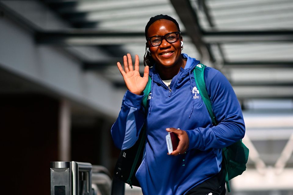 Linda Djougang pictured at Dublin Airport ahead of the team's departure to Clermont for their Women's Six Nations Rugby Championship match against France. Photo: Shauna Clinton/Sportsfile