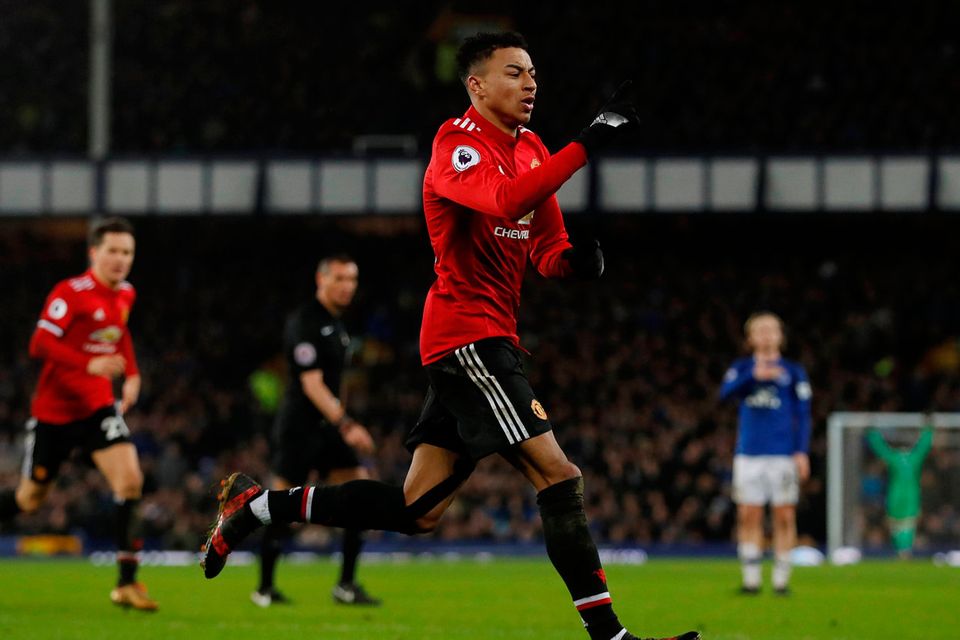 Soccer Football - Premier League - Everton vs Manchester United - Goodison Park, Liverpool, Britain - January 1, 2018   Manchester United's Jesse Lingard celebrates scoring their second goal    Action Images via Reuters/Lee Smith