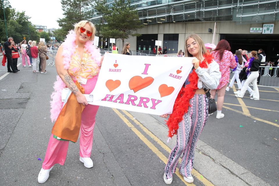 22/06/2022 Harry Styles fans Mearain and Caul outside the Aviva Stadium Dublin as they get geared up for his sold-out show.It's the first concert back at the Aviva since before Covid-19 struck - and 65,000 excited fans are set to packout the stadium for the mega gig.Pic Stephen Collins / Collins Photos