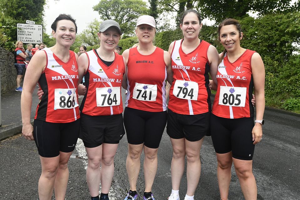 Mary Therese O'Flynn, Joanne Ring, Barbara O'Mahony, Cliona Wolfe and Clare Cosgrave represented Mallow AC in the Mount Hillary AC Road Race in Banteer. Picture John Tarrant