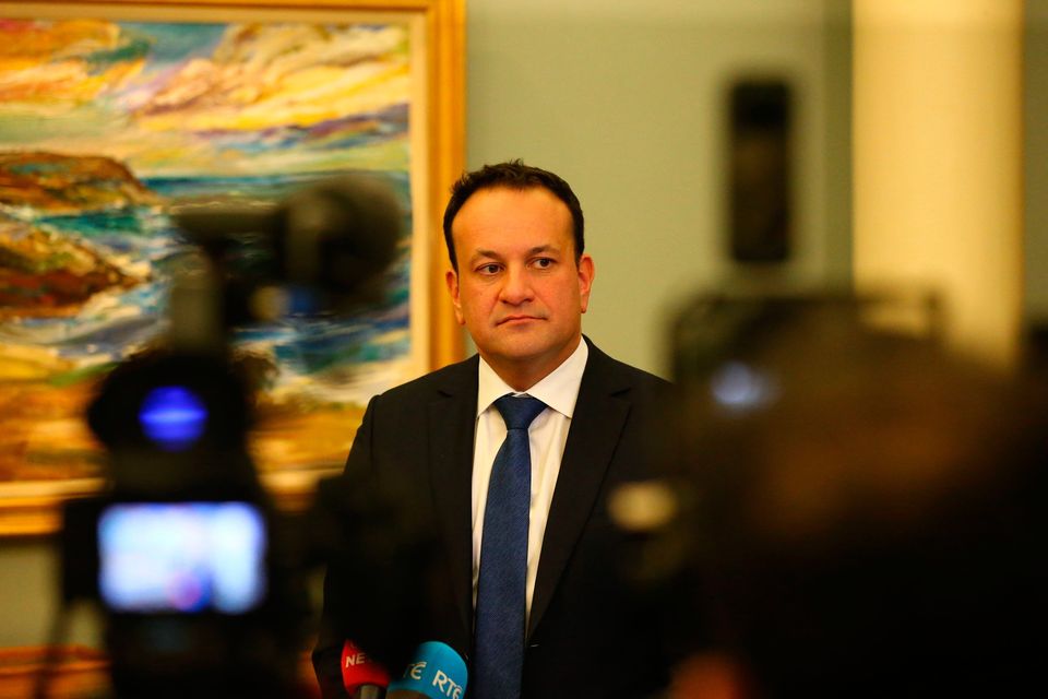 Taoiseach Leo Varadkar speaks with the media at Dublin Castle during counting for the twin referendums. Photo: PA