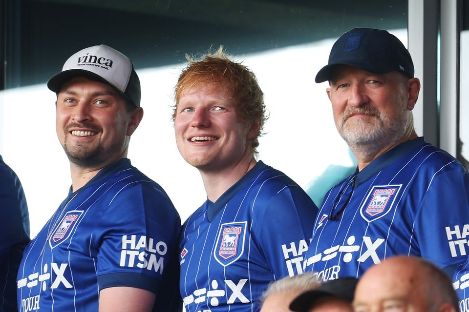 Ed Sheeran, English singer-songwriter and minority shareholder of Ipswich Town FC looks on before the Premier League match against Liverpool FC at Portman Road on the first day of the season. (Photo by Julian Finney/Getty Images)