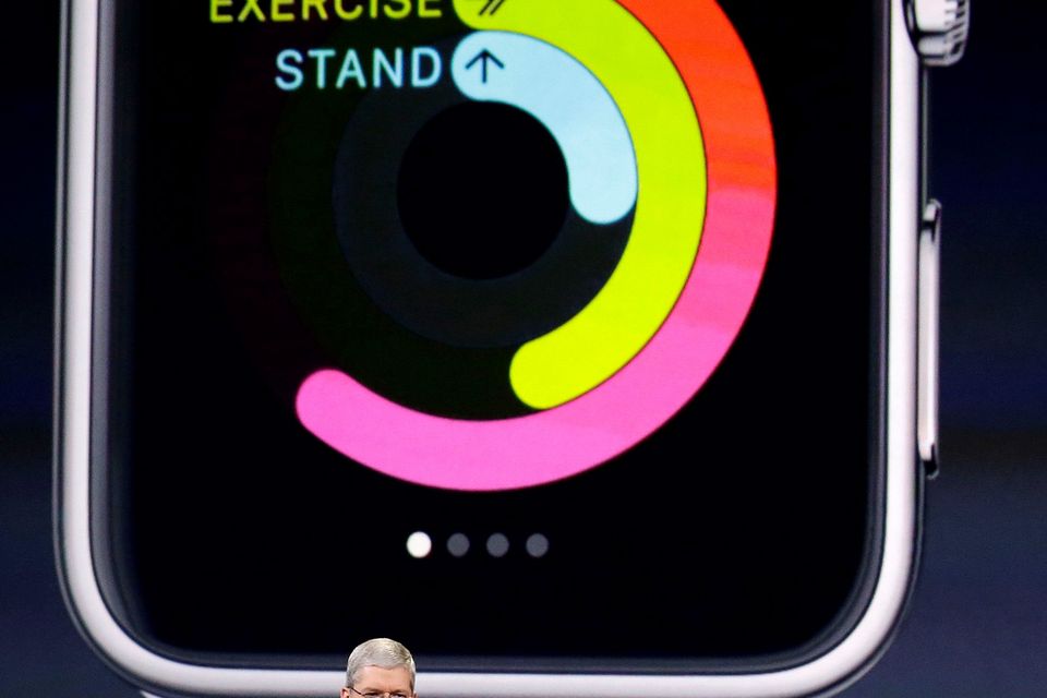 Apple CEO Tim Cook explains the features of the new Apple Watch during an Apple event on Monday, March 9, 2015, in San Francisco. (AP Photo/Eric Risberg)