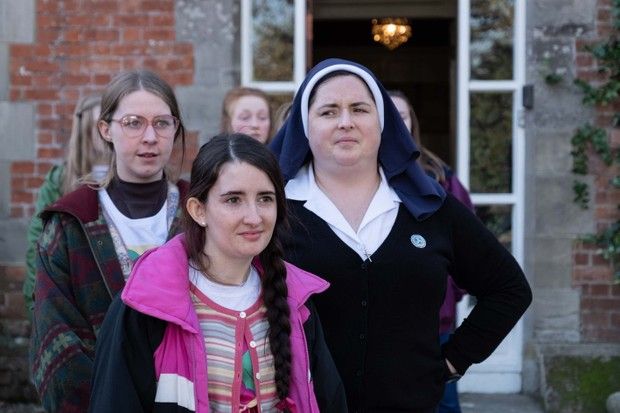 Jenny Joyce (Leah O'Rourke) and Sister Michael (Siobhan McSweeney) in Derry Girls, Channel 4