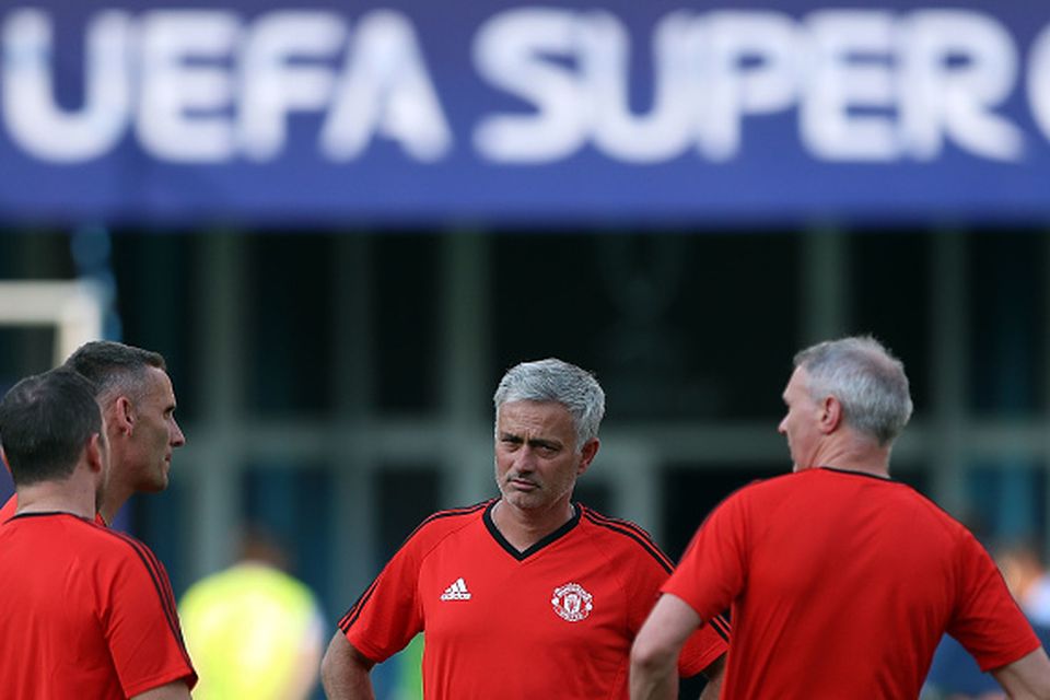 Jose Mourinho, Manager of Manchester United looks on during a training session ahead of the UEFA Super Cup at the National Arena Filip II Macedonian on August 7, 2017 in Skopje, Macedonia.  (Photo by Amin Mohammad Jamali/Getty Images)