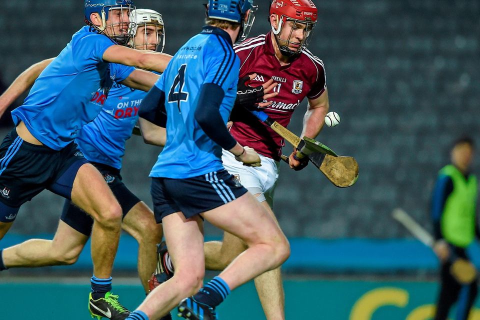 7 February 2015; Jonathan Glynn, Galway, in action against Shane Barrett, 4, Peter Kelly, and Chris Crummy, left, Dublin. Bord na Mona Walsh Cup Final, Dublin v Galway. Croke Park, Dublin. Picture credit: Ray McManus / SPORTSFILE