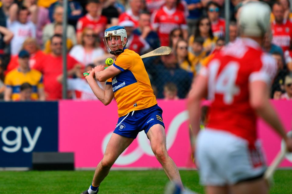21 May 2023; Diarmuid Ryan of Clare scores what proved to be the winning point during the Munster GAA Hurling Senior Championship Round 4 match between Clare and Cork at Cusack Park in Ennis, Clare. Photo by Ray McManus/Sportsfile