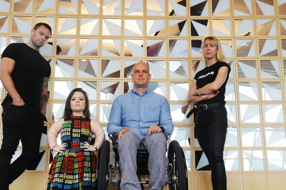 Campaigners Niall Breslin, Sinead Burke, Mark Pollock and Caroline Casey at The Convention Centre Dublin.