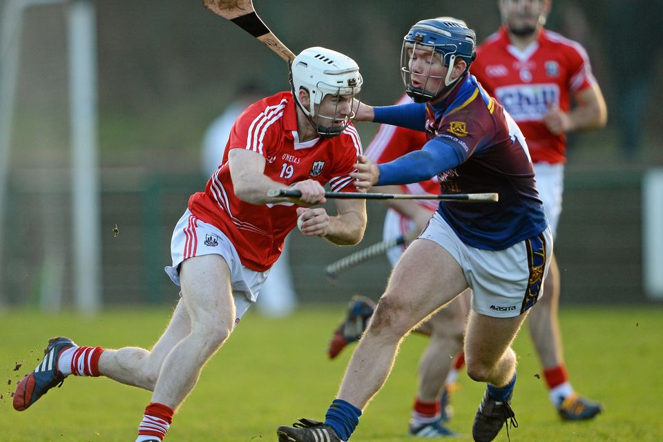 10 January 2015; Brian Lawton, Cork, in action against Jason Forde, University of Limerick. Waterford Crystal Cup Preliminary Round, Cork v University of Limerick, CIT GAA Grounds, Bishopstown, Co. Cork. Picture credit: Brendan Moran / SPORTSFILE