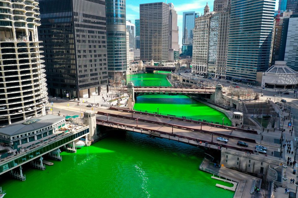 The Chicago River dyed green in celebration of St. Patrick’s Day in 2021 in Chicago, Illinois