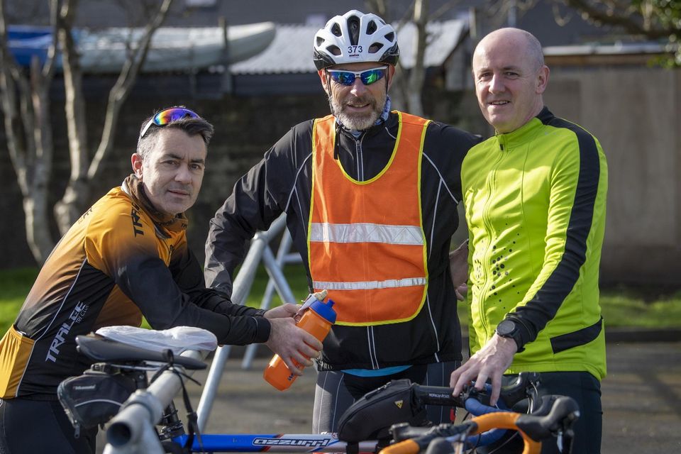 Conor Freeman, Aidan O’Kelly and John Healy pictured just before setting of at the Fenit Coastal Cycle last Saturday morning.