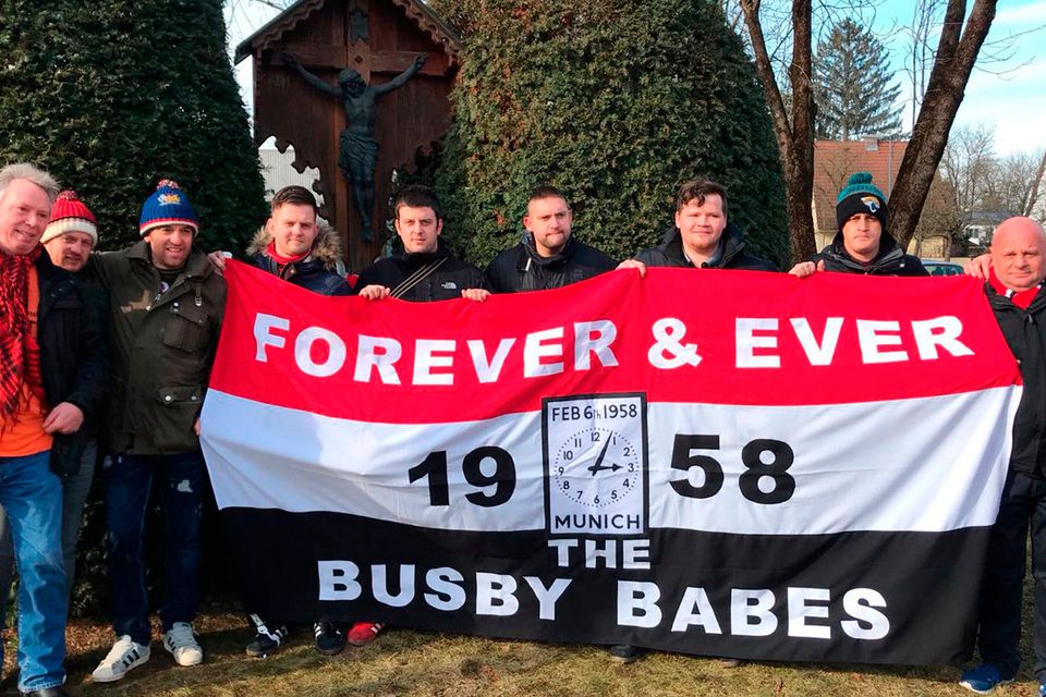 Members of the MUFC Leicestershire Supporters' Club next to the Manchesterplatz in Munich for the 60 Years Since The Munich Air Disaster commemorative event. PRESS ASSOCIATION Photo. Picture date: Tuesday February 6, 2018. See PA story SOCCER Man Utd. Photo credit should read: Mark Mann-Bryans/PA Wire.