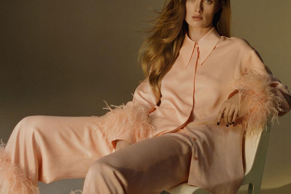 Peach satin blouse and trousers from Mango