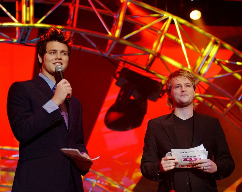 Brian McFadden and Nicky Byrne attend the Childline Concert at The Point Theatre January 26, 2003 in Dublin. Photo: Getty.