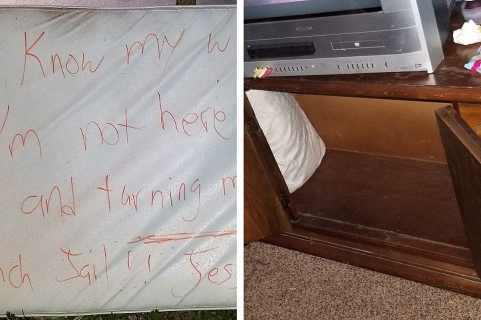 The note on a mattress, left, and the dresser in which the fugitive was found hiding (Flagler County Sheriff’s Office/PA)