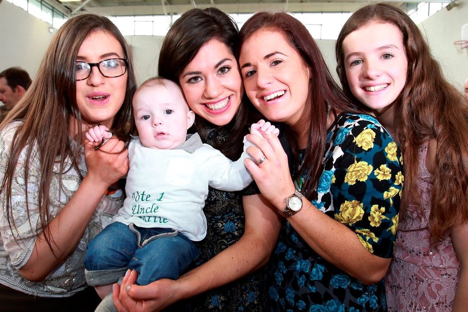 Mattie Mc Grath daughters  Mairin, Theresa Triona and Caelainn pictured with Mattie's grand nephew, Robert O Donnell [5 Mths] , at the  Count center in Thurles, after Mattie  won the second seat in the Tipperary Constituency. Picture Credit : Frank Mc Grath
28/2/16