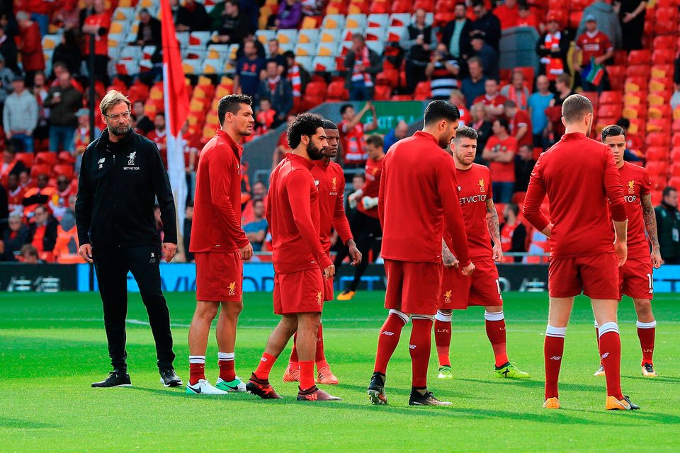 Liverpool manager Jurgen Klopp and player in the warm up before clash with Man United