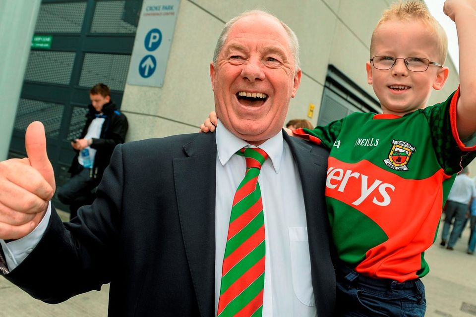 30 August 2015; Minister of State for Tourism and Sport Michael Ring T.D with his grandson Rory McGreal, from Westport, age 6, before the game. GAA Football All-Ireland Senior Championship, Semi-Final, Dublin v Mayo, Croke Park, Dublin. Picture credit: David Maher / SPORTSFILE