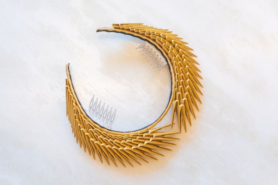 Davina Lynch's 'Hestia' gold origami headpiece, €175,  from  Adare Manor Boutique