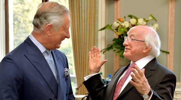 President Michael D Higgins talks with Prince Charles at the Irish Embassy in London
