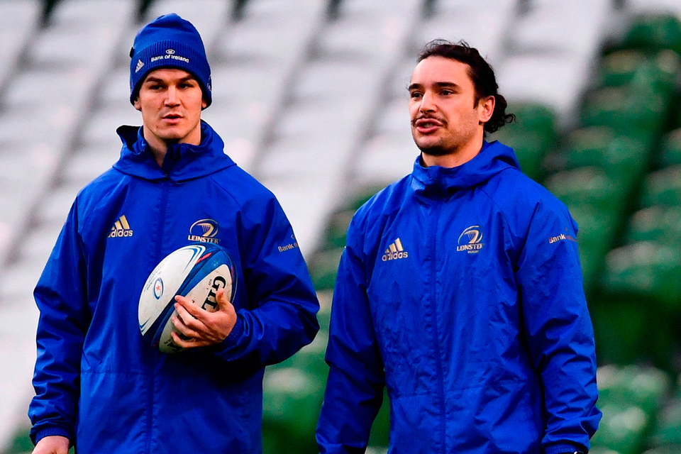 Captain Johnny Sexton and team-mate James Lowe are sure to be at the forefront of the Leinster game plan this evening when Leo Cullen’s charges bid to record their second win of the season over Munster. Photo by Ramsey Cardy/Sportsfile