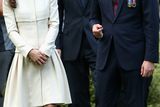 thumbnail: August 2014: Kate stunned in this cream coat dress by Alexander McQueen and complementary fascinator by Jane Taylor and her trusty LK Bennett nude heels