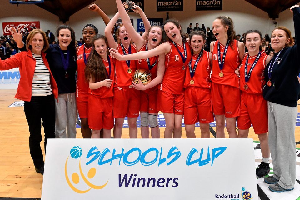 20 January 2015; Colaiste Chiarain Leixlip players celebrate after the game. All-Ireland Schools Cup U16A Girls Final, Colaiste Chiarain Leixlip v Gael Cholaiste Mhuire A.G, National Basketball Arena, Tallaght, Dublin. Picture credit: David Maher / SPORTSFILE