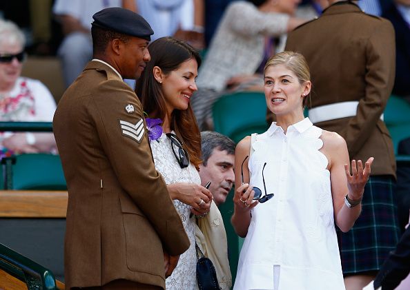 LONDON, ENGLAND - JULY 11:  Rosamund Pike attends day twelve of the Wimbledon Lawn Tennis Championships at the All England Lawn Tennis and Croquet Club on July 11, 2015 in London, England.  (Photo by Julian Finney/Getty Images)