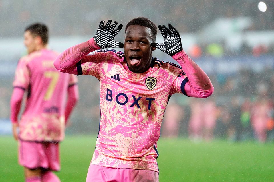 Leeds United's Wilfried Gnonto celebrates scoring their side's fourth goal of the game during the Sky Bet Championship match at the Swansea.com Stadium, Wales