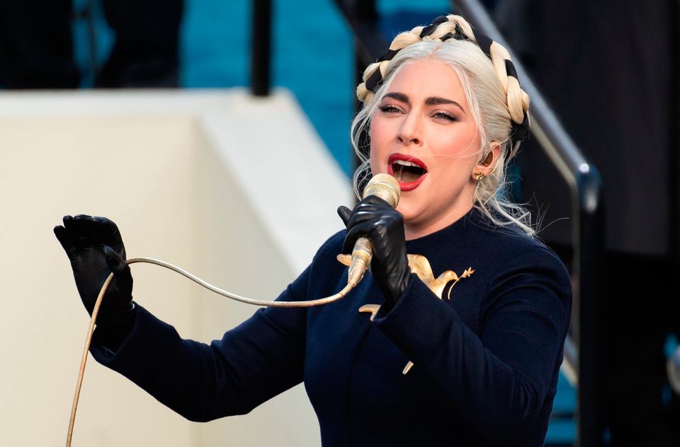 Star power: Lady Gaga performs the US national anthem at the inauguration