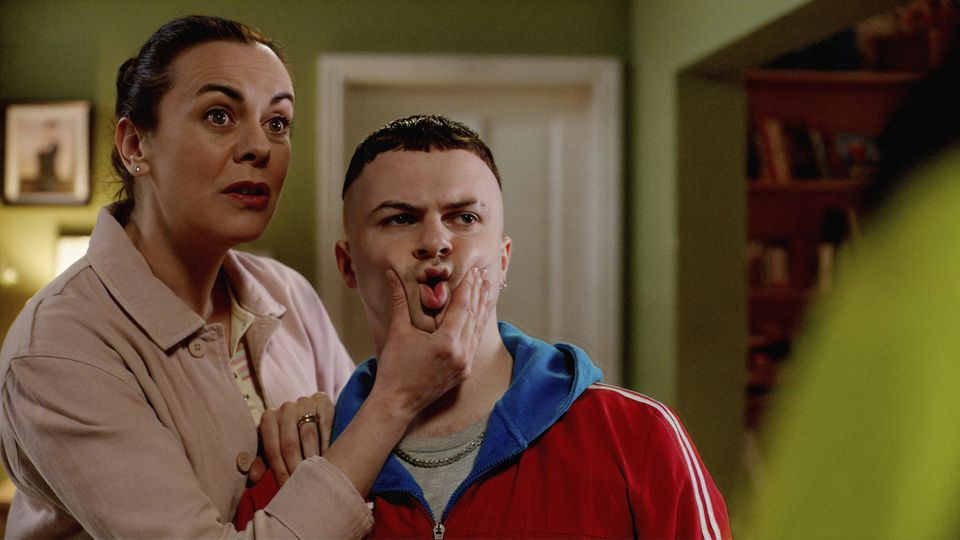 Hilary Rose and Alex Murphy mug it in The Young Offenders. Photo: BBC/Vico Films