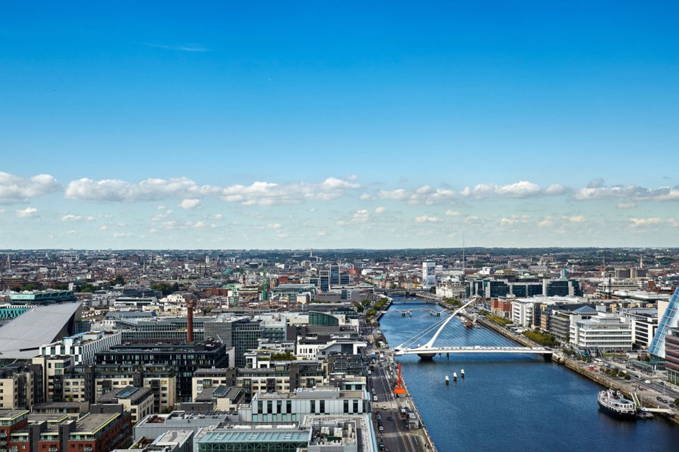 An artist’s impression of the Dublin Docklands as seen from the top floor of Capital Dock, which is currently being developed by Kennedy Wilson.