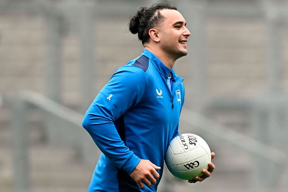 James Lowe with a Gaelic football during a Leinster Rugby captain's run at Croke Park. Photo: Harry Murphy/Sportsfile