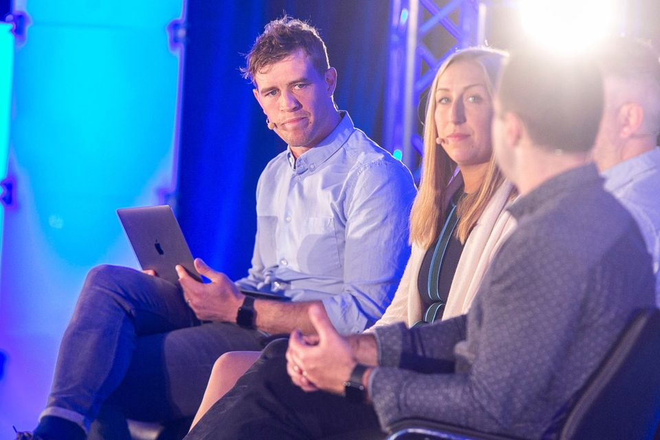 Moving on: Andrew Trimble chairing a panel at the One Zero 2019 sports business conference. Photo: Alan Rowlette
