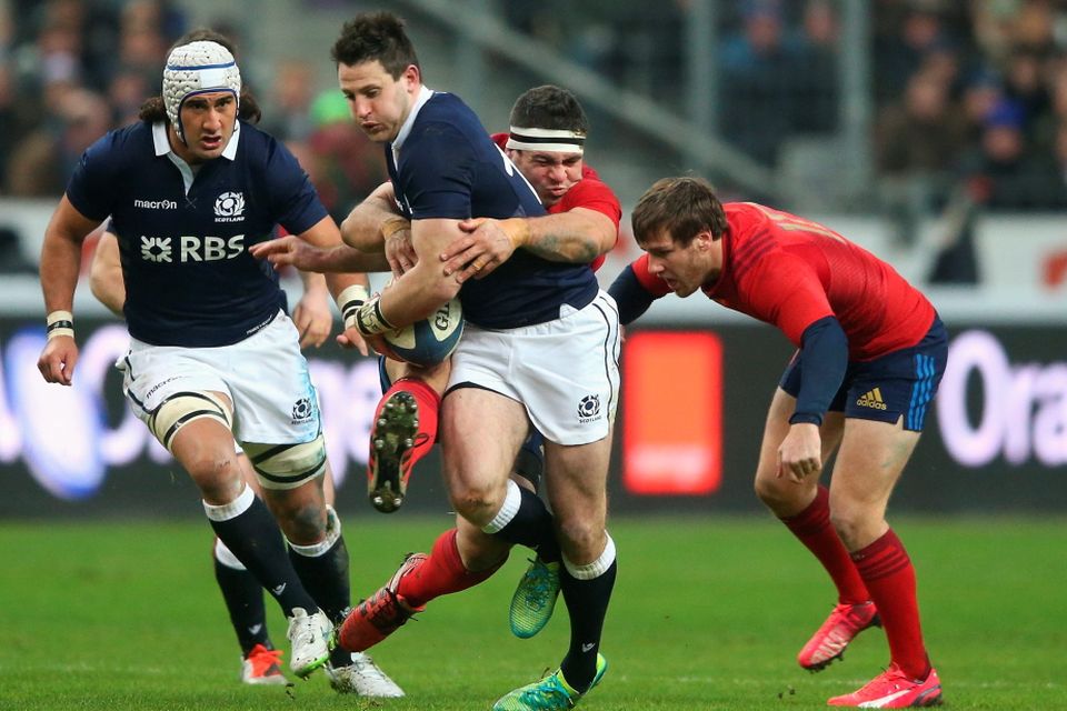 Tommy Seymour of Scotland is tackled during the RBS Six Nations match between France and Scotland at Stade de France on February 7, 2015 in Paris, France