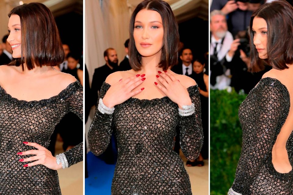 Bella Hadid wears a blue bodysuit with SO many cut-outs