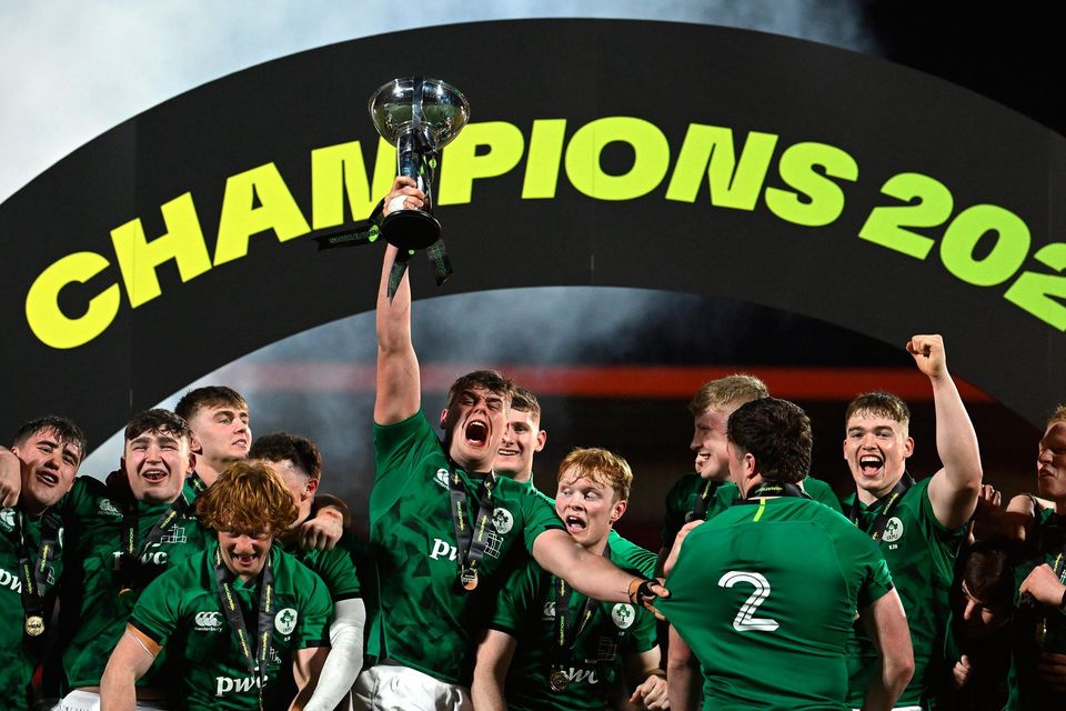 Ireland U-20s team celebrate after their side's victory over England in the U-20 Six Nations Championship. Photo: Sportsfile