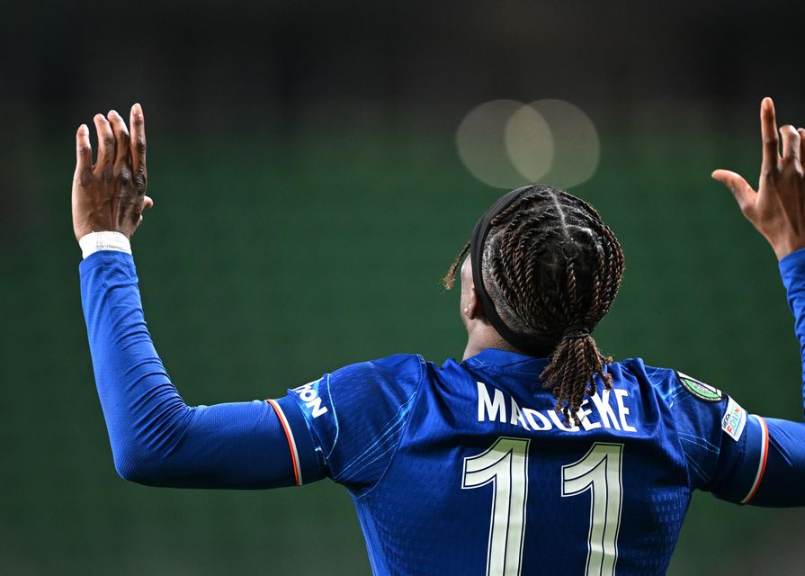 Noni Madueke celebrates scoring Chelsea’s second goal (Rafal Oleksiewicz/PA)