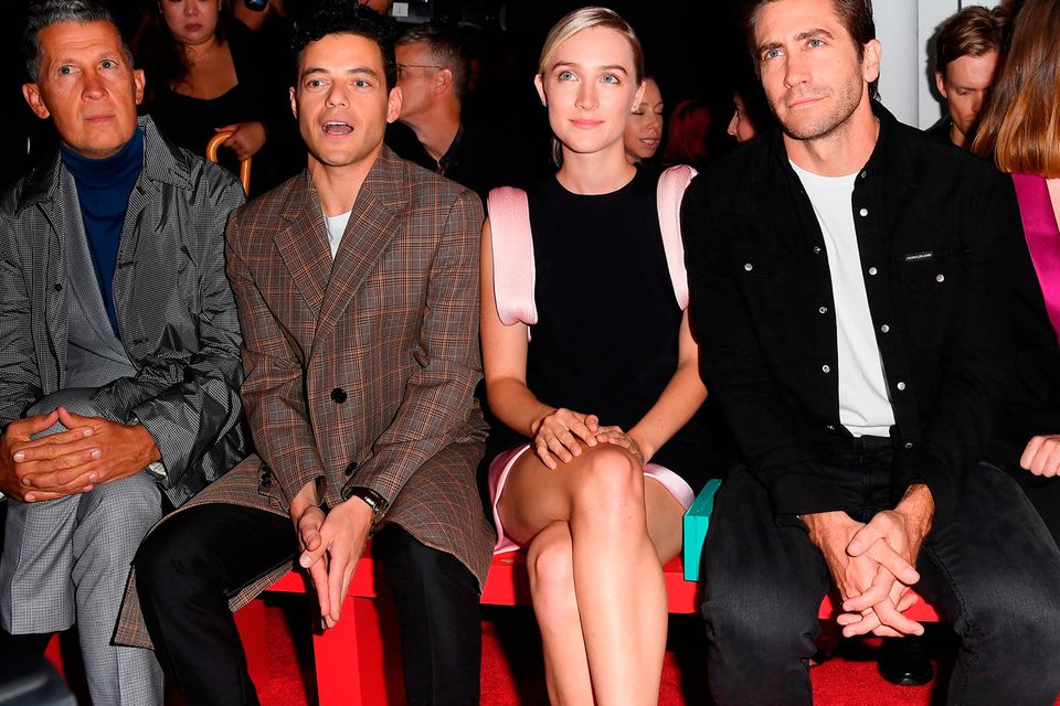 Stefano Tonchi, Rami Malek, Saoirse Ronan and Jake Gyllenhaal attend the Calvin Klein Collection front Row during New York Fashion Week at New York Stock Exchange on September 11, 2018 in New York City.  (Photo by Nicholas Hunt/Getty Images)
