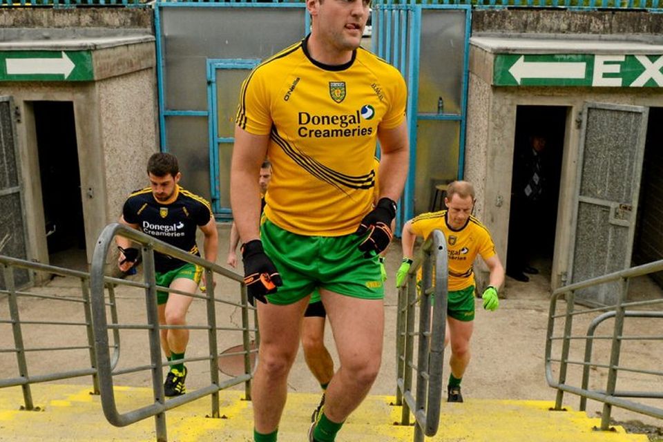 Michael Murphy– here getting ready for the Derry game in Clones – has been operating in a roving role and as a result, he has not been scoring freely