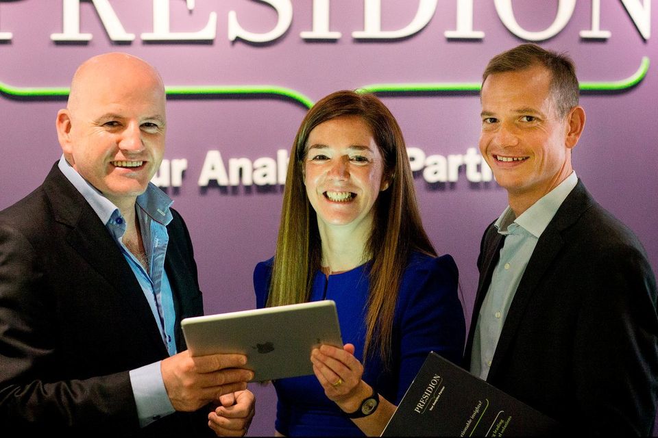 Sean Gallagher with Presidion co-founder and director Cathy McGennis and CEO Pierre Baviera. Photo: David Conachy