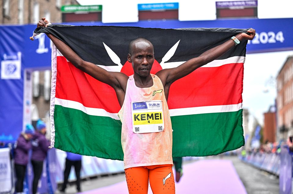 Moses Kemei of Kenya celebrates after winning during the 2024 Irish Life Dublin Marathon. Photo: Sam Barnes/Sportsfile