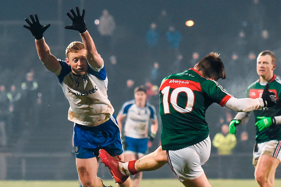 Fergal Boland of Mayo has a kick at the posts Photo: Stephen McCarthy/Sportsfile
